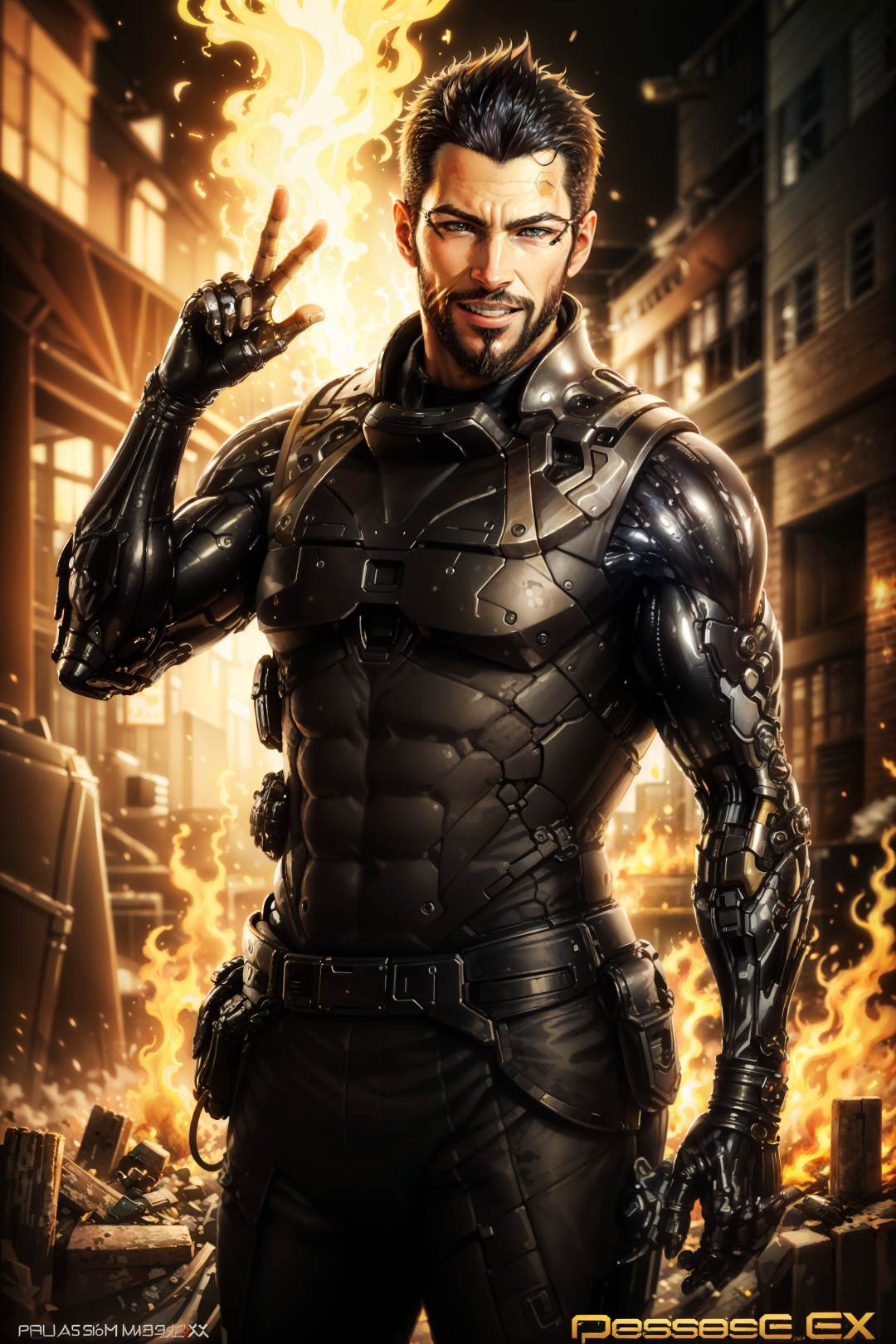 (masterpiece, top quality, best quality, official art, detailed:1.2),<lora:adam_jensen:0.7>, jensenDX, solo, looking at viewer,  (smile:1.1), hand, (peace sign:1.1), black hair, facial hair, beard, muscular male, cyborg, cyberpunk, fire, outdoors