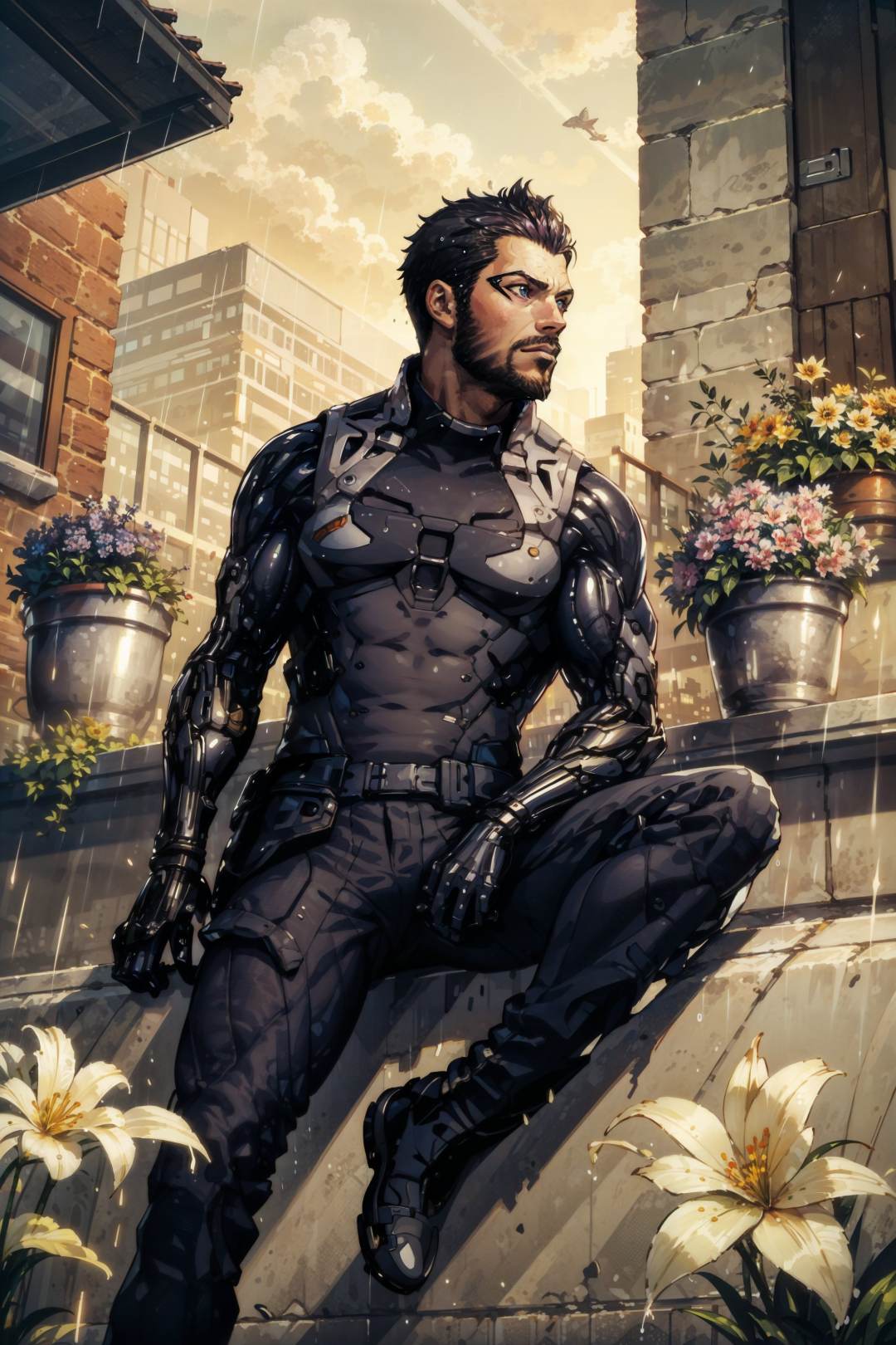 (masterpiece, top quality, best quality, official art, detailed:1.2),<lora:adam_jensen:0.7>, jensenDX, sitting, looking away, folded shirt, mechanical arms, pants, balcony, rain, flowers, rooftop, skyscrapers, sky, 