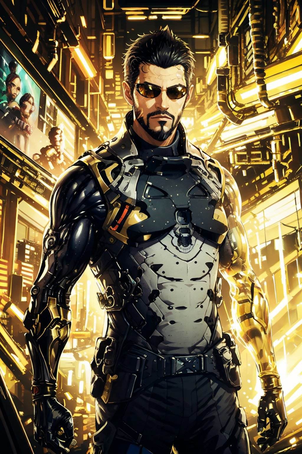 (masterpiece, top quality, best quality, official art, detailed:1.2),<lora:adam_jensen:0.7>, jensenDX, solo, looking at viewer, black hair, 1boy, armor, male focus, facial hair, eyepatch, gold sunglasses, beard, science fiction, mustache, mechanical arms, monitor, cyborg, cyberpunk