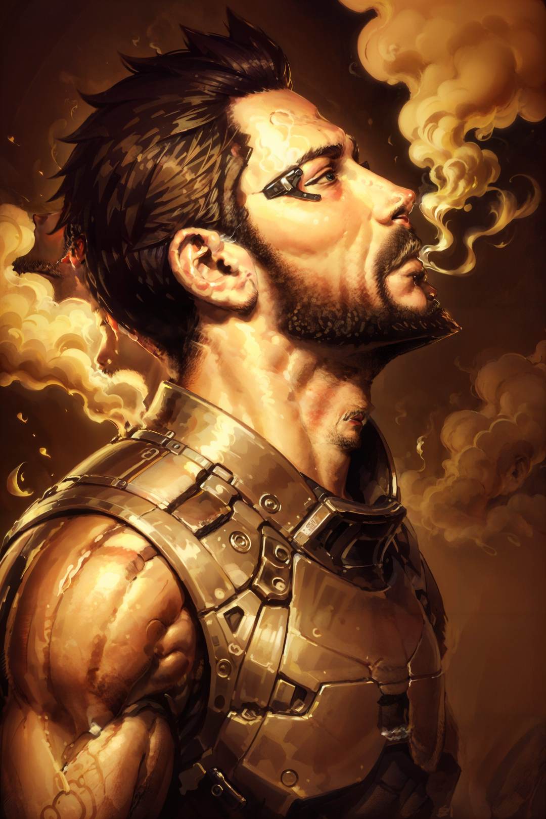 (masterpiece, top quality, best quality, official art, detailed:1.2),<lora:adam_jensen:0.7>, jensenDX, solo, black hair, 1boy, male focus, profile, facial hair, beard, smoke, cigarette, realistic, mustache, smoking, muscular male, from side