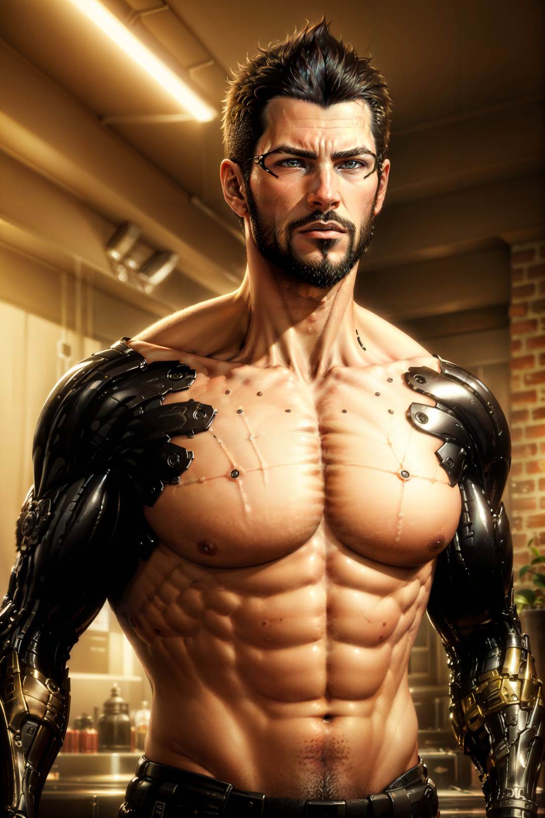 (masterpiece, top quality, best quality, official art, detailed:1.2),<lora:adam_jensen:0.7>, jensenDX, solo, looking at viewer, short hair, black hair, 1boy, nipples, upper body, facial hair, pectorals, beard, mature male, realistic, mustache, mechanical arms