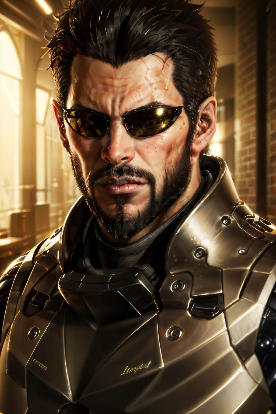 (masterpiece, top quality, best quality, official art, detailed:1.2),<lora:adam_jensen:0.7>, jensenDX, solo, looking at viewer, black hair, 1boy, male focus, facial hair, scar, eyepatch, gold sunglasses, portrait, beard, realistic, scar across eye, cyborg