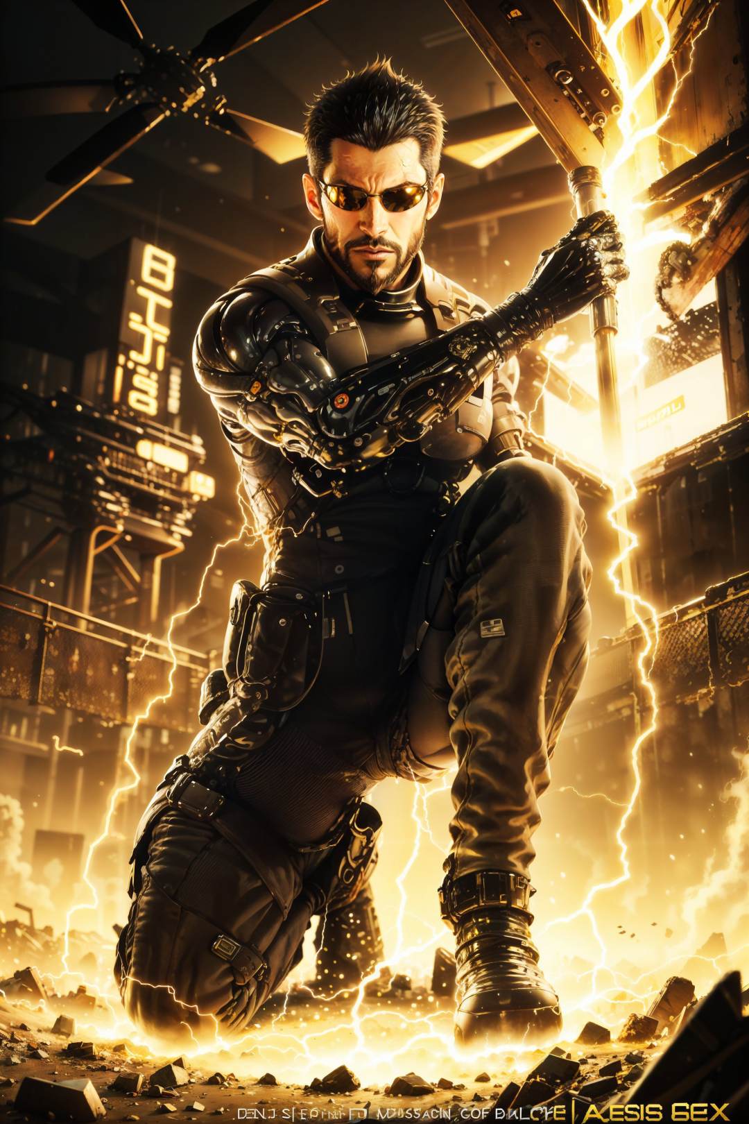 (masterpiece, top quality, best quality, official art, detailed:1.2),<lora:adam_jensen:0.7>, jensenDX, solo, on one knee, black hair, 1boy, male focus, facial hair, gold sunglasses, beard, science fiction, electricity, cyborg, cyberpunk, helicopter