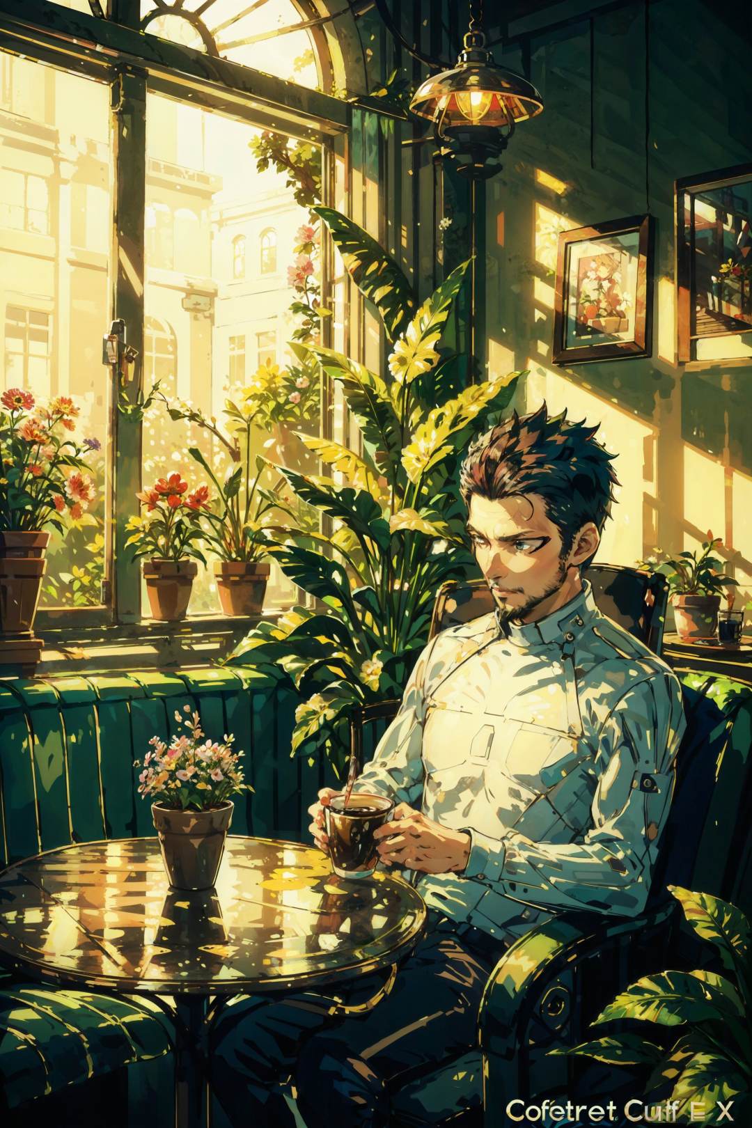 (masterpiece, top quality, best quality, official art, detailed:1.2),<lora:adam_jensen:0.7>, jensenDX, sitting, chair , table, cafe, holding , holding coffee, flowers, plants, window, 