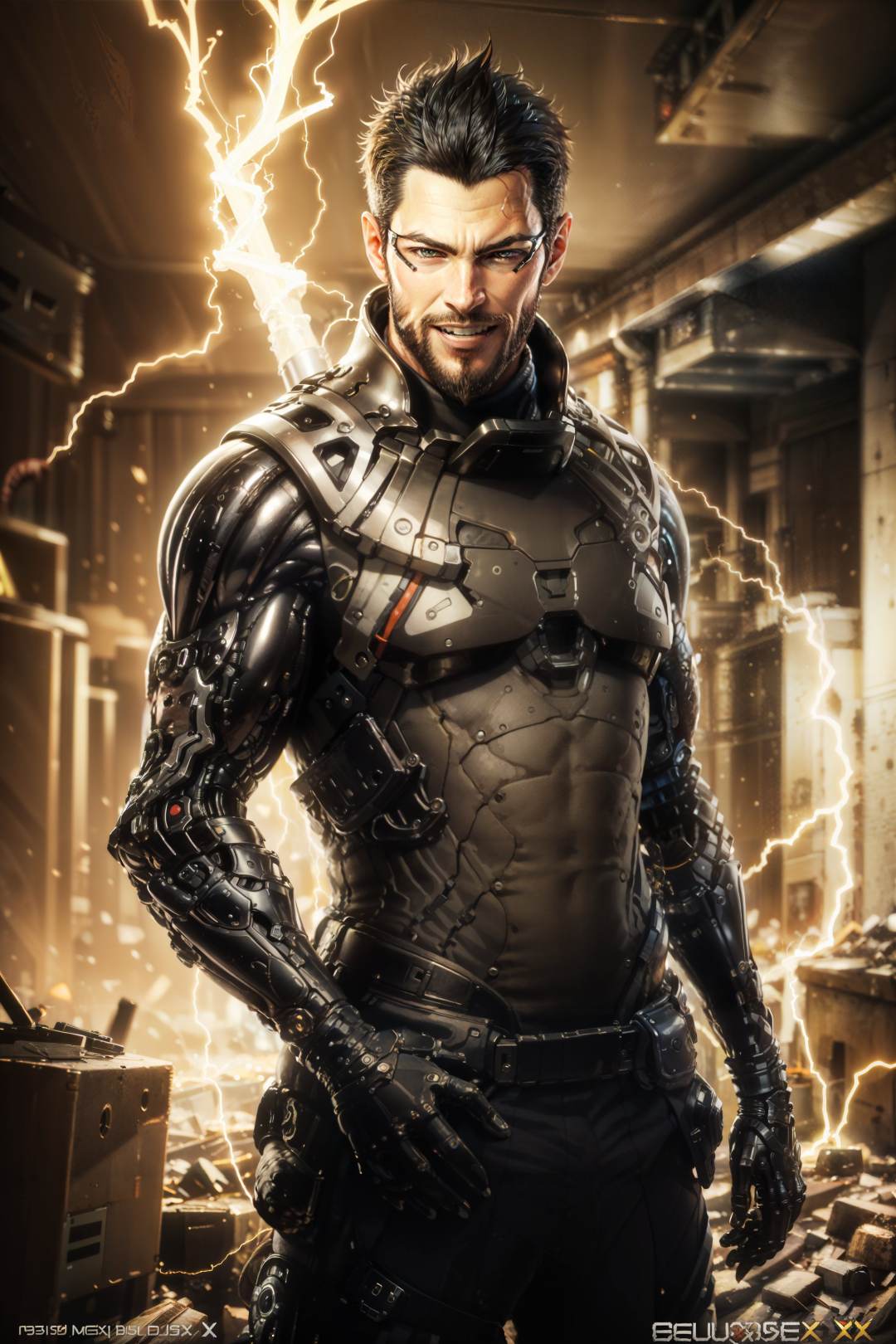 (masterpiece, top quality, best quality, official art, detailed:1.2),<lora:adam_jensen:0.7>, jensenDX, solo, looking at viewer, smile, black hair, gloves, 1boy, male focus, teeth, facial hair, eyepatch, beard, realistic, electricity, cyborg