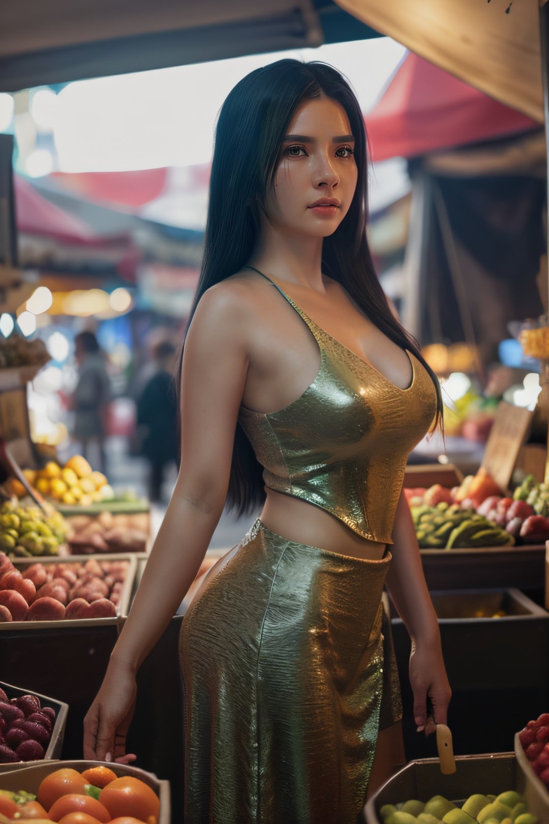 A pretty girl in a crowded medieval market, market vendors, upper body, detailed clothes, green eyes, long flowing hair, shiny skin, subsurface scattering, (sharp:0. 7), ultra-detailed, real-life texture, dramatic lighting, dynamic composition, unreal engine, Nikon D850 <lora:more_details:0. 6>, <lora:v4ni4_v2-000005:0.8>