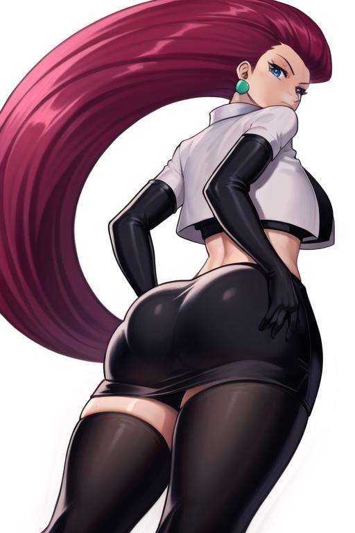 <lora:jessie:0.7> jessie\(pokemon\), 1girl, jessie (pokemon), solo, crop top, gloves, ass, jewelry, hair slicked back, earrings, tanlines, long hair, elbow gloves, blue eyes, looking back, black gloves, bottomless, team rocket, white background, breasts, tan, looking at viewer, from behind, red hair, thighs, simple background, team rocket uniform, very long hair