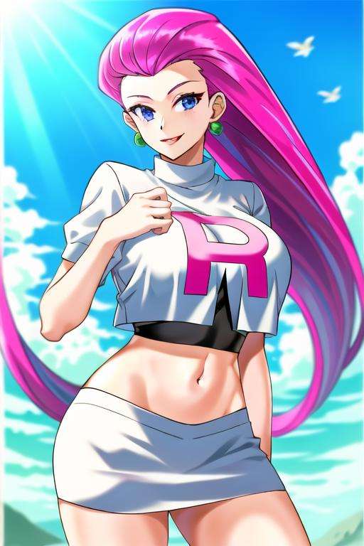 <lora:jessie:0.7> jessie(pokemon),1girl,solo,long hair,pink hair,r symbol on chest,huge chest , team rocket outfit,crop top , mini skirt , navel , midriff, standing , smile , happy , looking at viewer