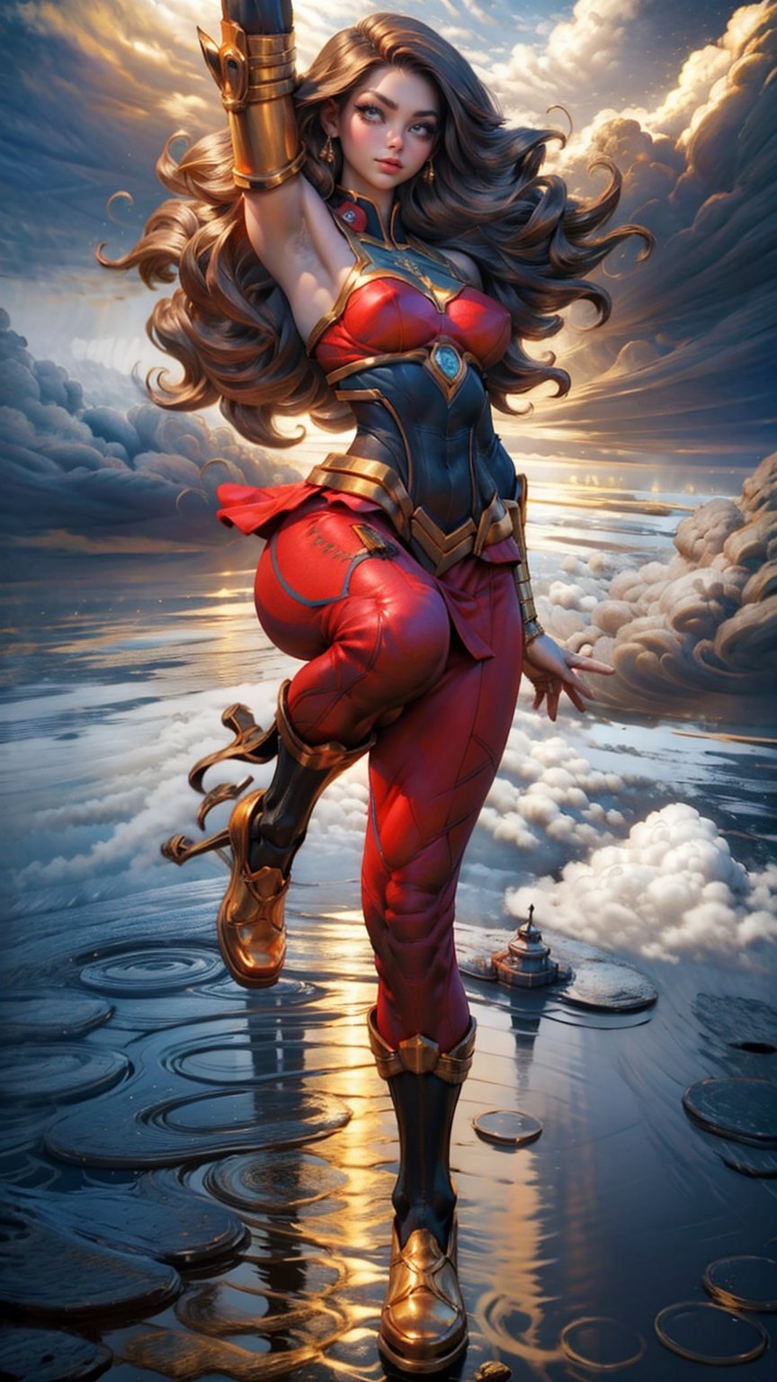 a girl wear mini skirt and bikini,25 age, green eyes, long brown hair, full outfit, yoga pants, sport figure, full body, big boobs,fly in the sky with golden clouds,supergirl. Red long leg high heels,Clouds,Blademancer,Floating weapon, <lora:EMS-15583-EMS:0.8>, <lora:EMS-14413-EMS:1.2>, <lora:EMS-15581-EMS:0.9>, <lora:EMS-14498-EMS:0.8>