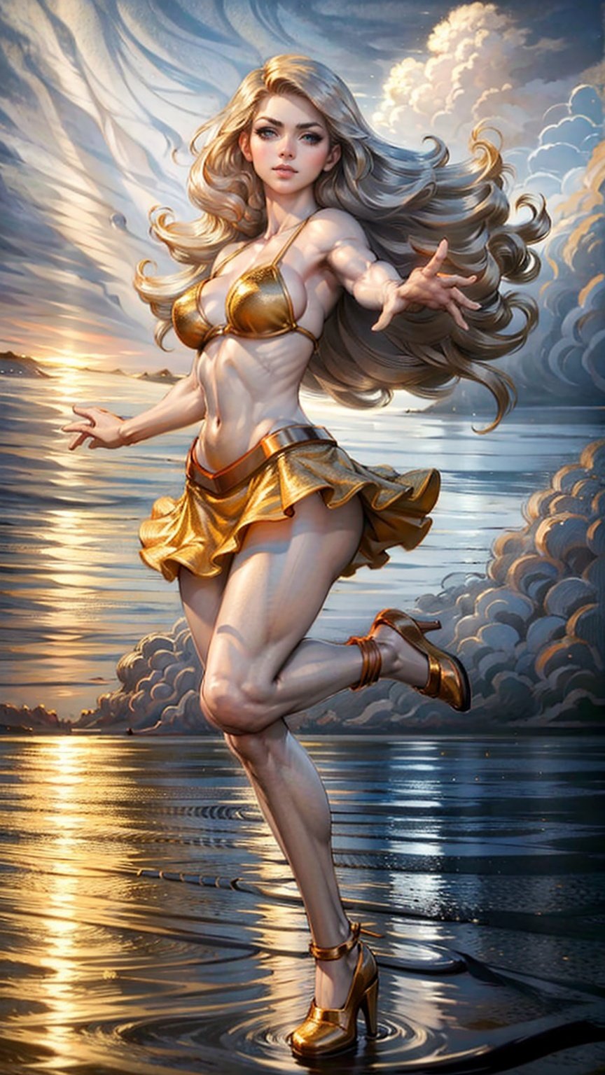 a girl wear mini skirt and bikini,25 age, green eyes, long brown hair, sport figure, full body, big breasts,fly in the water with golden clouds background.  Red long leg high heels,Clouds, <lora:EMS-14413-EMS:1.2>, <lora:EMS-15581-EMS:0.9>, <lora:EMS-14498-EMS:0.8>, <lora:EMS-15583-EMS:0.6>