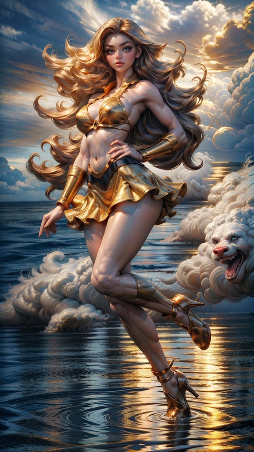 a girl wear mini skirt and bikini,25 age, green eyes, long brown hair, sport figure, full body, big breasts,fly in the water with golden clouds background.  Red long leg high heels,Clouds, <lora:EMS-15581-EMS:0.9>, <lora:EMS-14498-EMS:0.8>, <lora:EMS-15583-EMS:0.6>, <lora:EMS-14413-EMS:1.2>