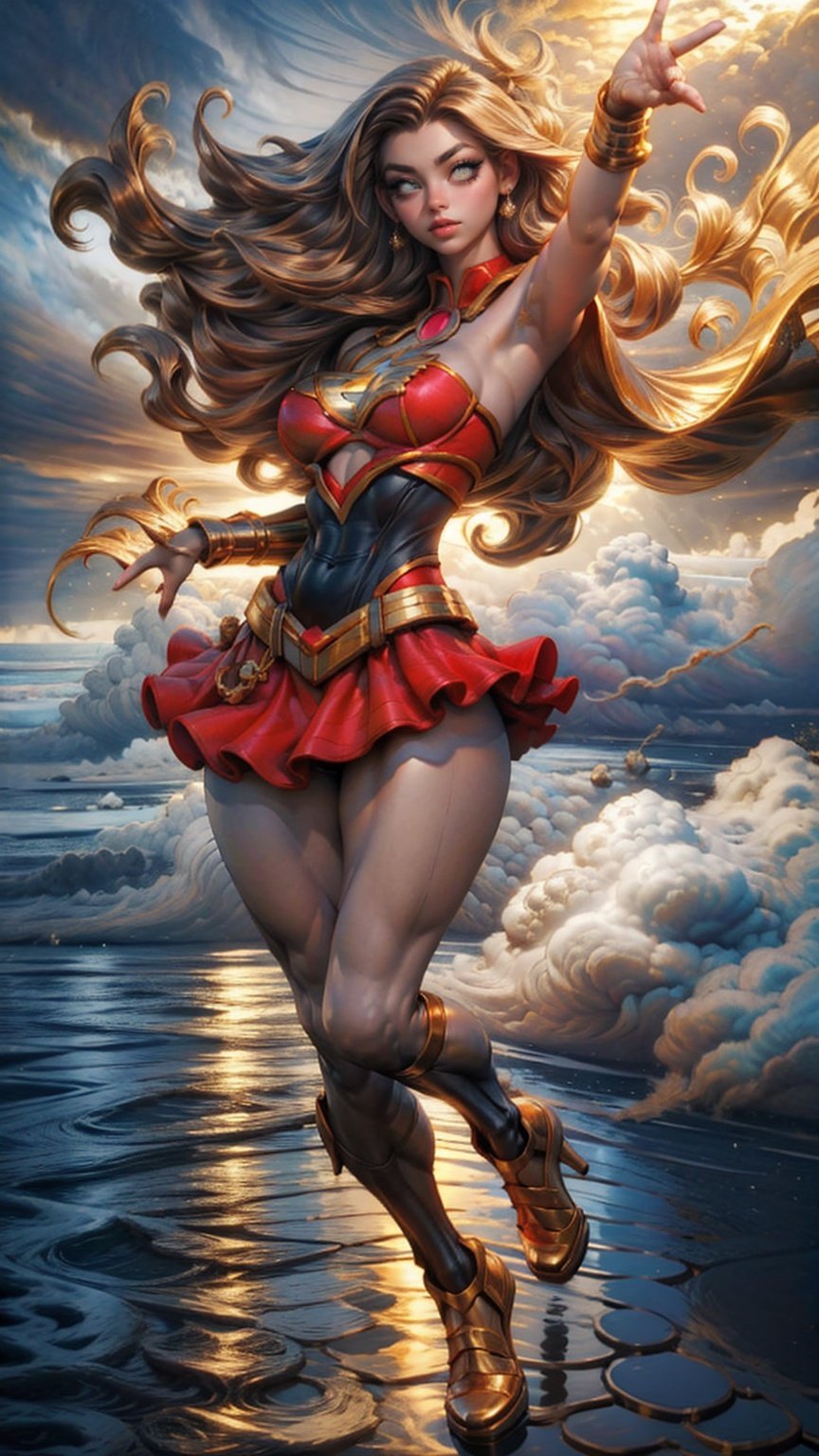 a girl wear mini skirt and bikini,25 age, green eyes, long brown hair, sport figure, full body, big boobs,fly in the sky with golden clouds,supergirl. Red long leg high heels,Clouds,Blademancer,Floating weapon, <lora:EMS-14413-EMS:1.2>, <lora:EMS-15581-EMS:0.9>, <lora:EMS-14498-EMS:0.8>, <lora:EMS-15583-EMS:0.8>