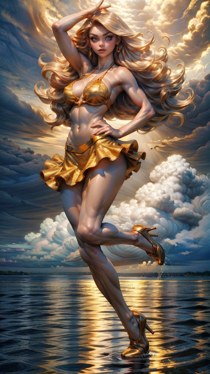 a girl wear mini skirt and bikini,25 age, green eyes, long brown hair, sport figure, full body, big breasts,fly in the water with golden clouds background.  Red long leg high heels,Clouds, <lora:EMS-15581-EMS:0.9>, <lora:EMS-14498-EMS:0.8>, <lora:EMS-15583-EMS:0.6>, <lora:EMS-14413-EMS:1.2>