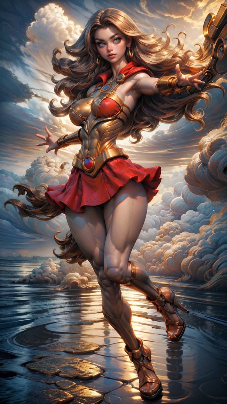 a girl wear mini skirt and bikini,25 age, green eyes, long brown hair, sport figure, full body, big boobs,fly in the sky with golden clouds,supergirl. Red long leg high heels,Clouds,Blademancer,Floating weapon, <lora:EMS-14413-EMS:1.2>, <lora:EMS-15581-EMS:0.9>, <lora:EMS-14498-EMS:0.8>, <lora:EMS-15583-EMS:0.8>