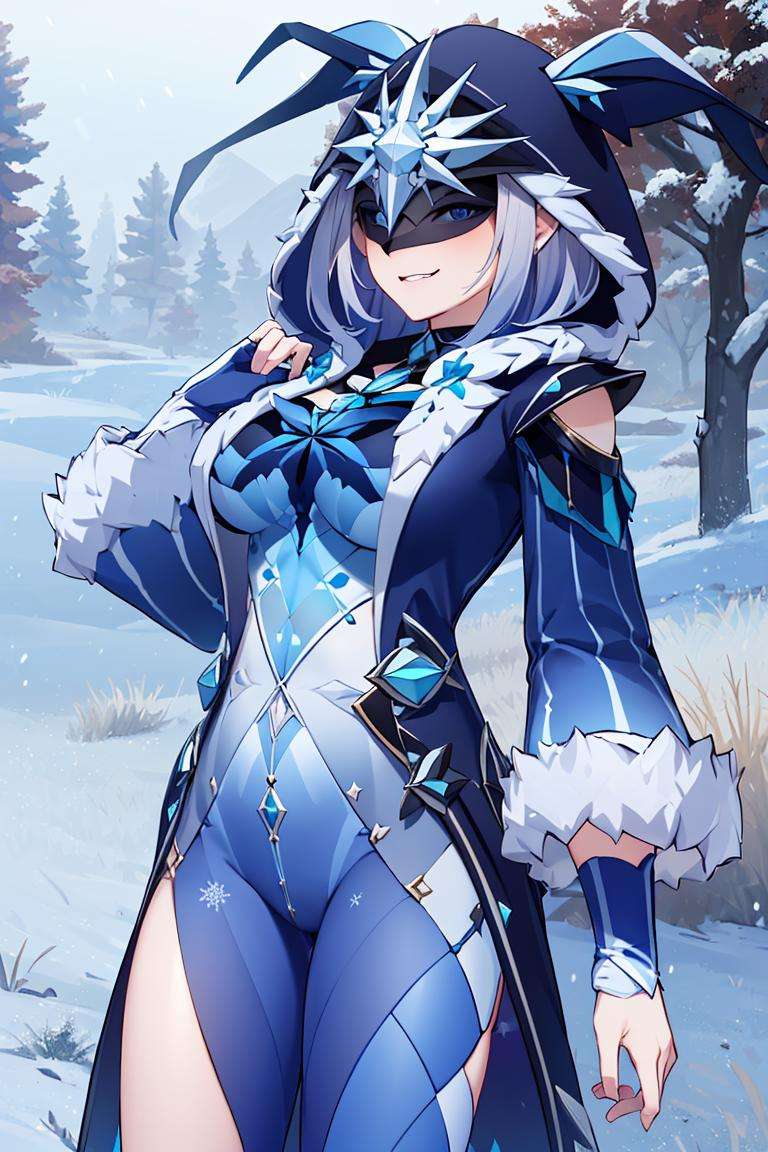 ((masterpiece,best quality)), absurdres,<lora:Ice_Cicin:0.7>, Ice_Cicin, solo, evil smile, eye mask, detailed hood, cowboy shot, snow and icy forest in background, cinematic composition, dynamic pose, 