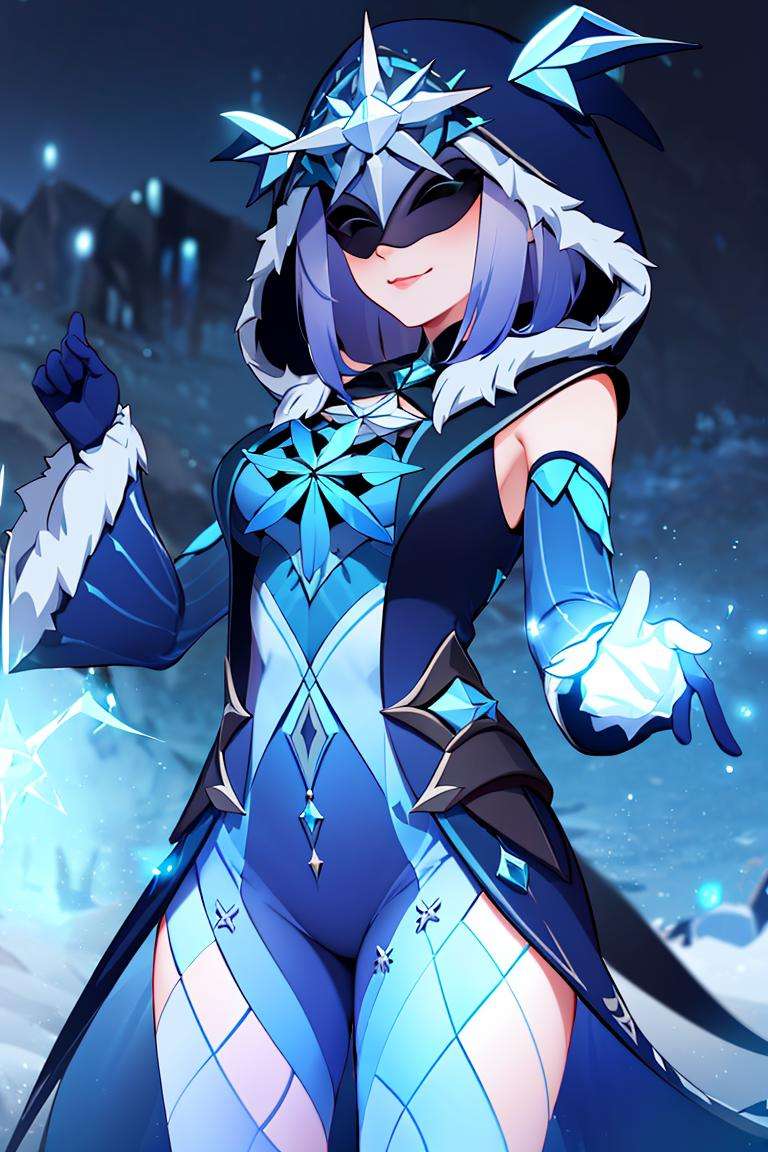 ((masterpiece,best quality)), absurdres, <lora:Ice_Cicin:0.7>, Ice_Cicin, solo, evil smile, ice magic, eye mask, detailed hood, cowboy shot, snow and icy magic in background, cinematic composition, dynamic pose, <lora:Mirael_AFK:0.5>, Mirael_AFK, ice and magic