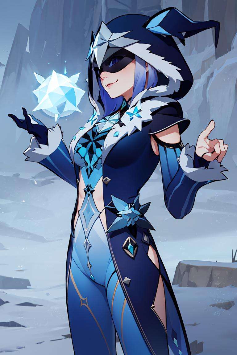 ((masterpiece,best quality)), absurdres,<lora:Ice_Cicin:0.7>, Ice_Cicin, solo, evil smile, ice magic, eye mask, detailed hood, cowboy shot,snow and icy magic in background, cinematic composition, dynamic pose,<lora:Mirael_AFK:0.5>, Mirael_AFK, ice and magic