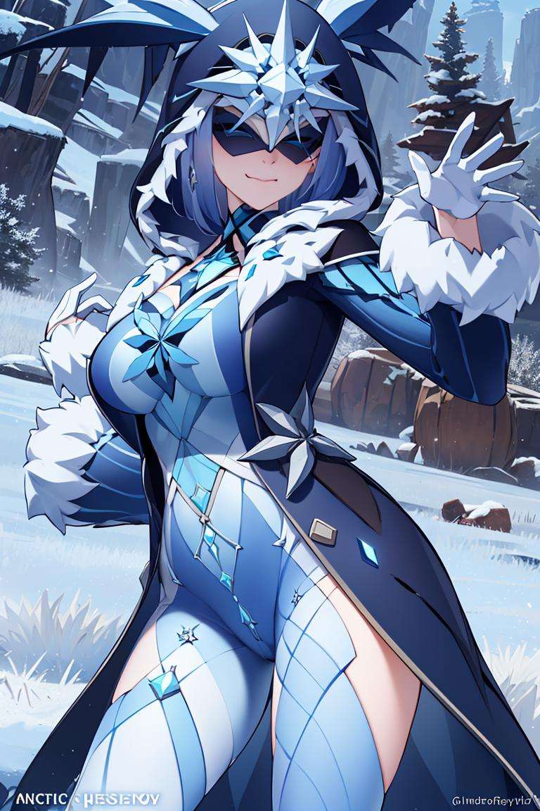 ((masterpiece,best quality)), absurdres,<lora:Ice_Cicin:0.7>, Ice_Cicin, solo, evil smile, eye mask, detailed hood, cowboy shot, snow and icy forest in background, cinematic composition, dynamic pose, 