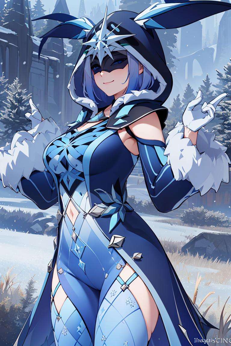 ((masterpiece,best quality)), absurdres,<lora:Ice_Cicin:0.7>, Ice_Cicin, solo,  smug,  smiling, eye mask, detailed hood, cowboy shot, snow and icy forest in background, cinematic composition, dynamic pose, 