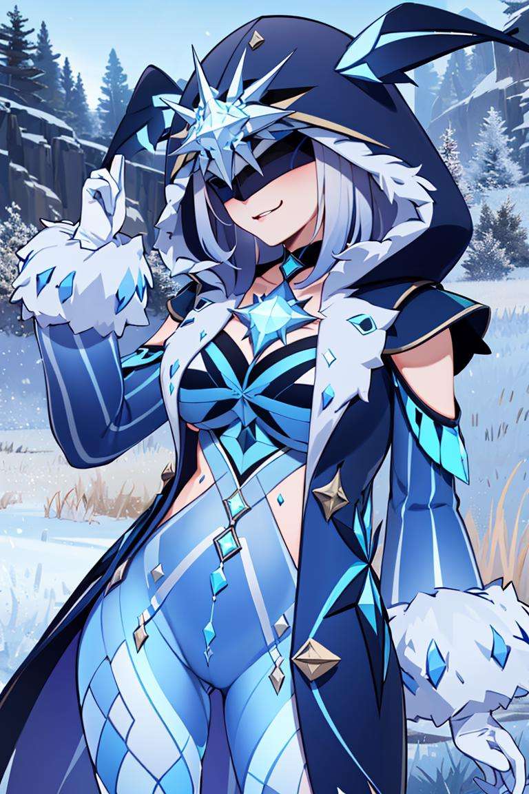 ((masterpiece,best quality)), absurdres,  <lora:fire_lit_DC_v1:0.3>, white and blue fireball, magic, <lora:Ice_Cicin:0.7>, Ice_Cicin, solo, evil smile, ice magic, eye mask, detailed hood, cowboy shot, snow and icy forest in background, cinematic composition, dynamic pose, 