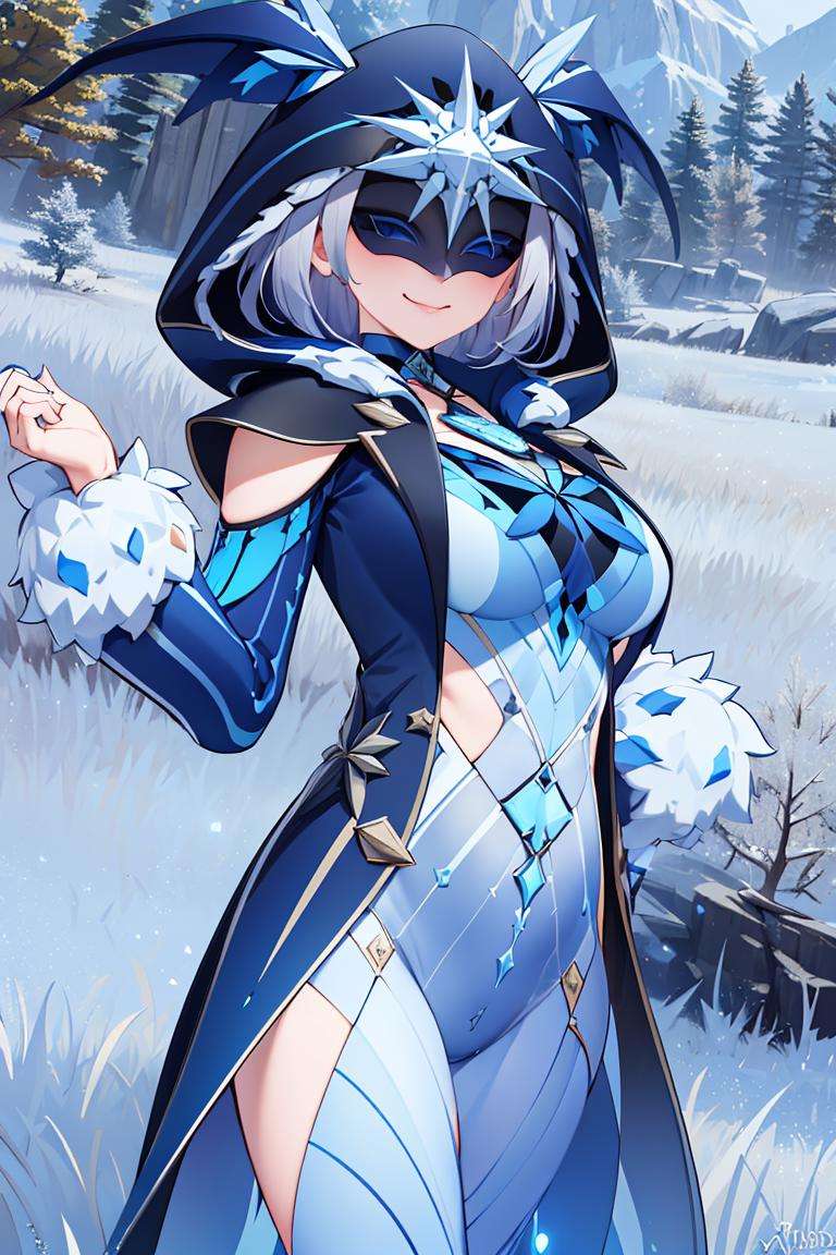 ((masterpiece,best quality)), absurdres,<lora:Ice_Cicin:0.7>, Ice_Cicin, solo,  smug,  smiling, eye mask, detailed hood, cowboy shot, snow and icy forest in background, cinematic composition, dynamic pose, 