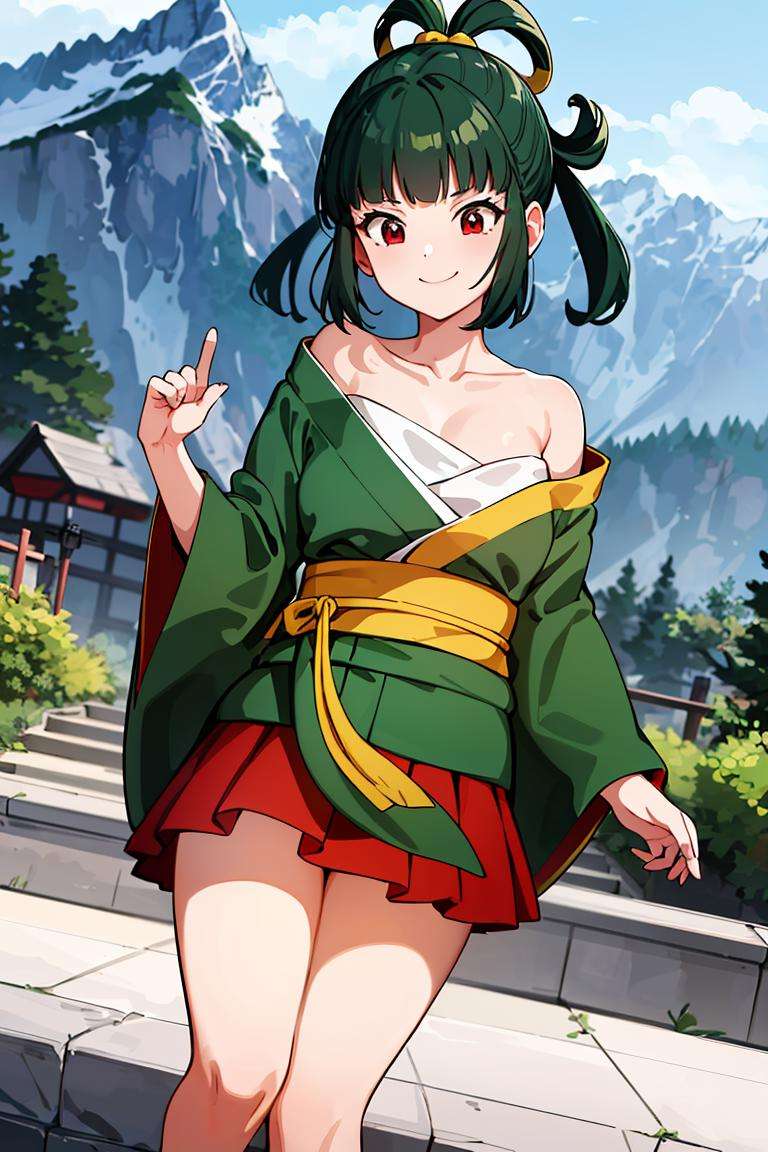 ((masterpiece,best quality)), absurdres,<lora:Yurin_DB:0.6>, Yurin_DB,  (green kimono, red skirt, sarashi, single bare shoulder), smiling, mountain in background, cinematic composition, dynamic pose,