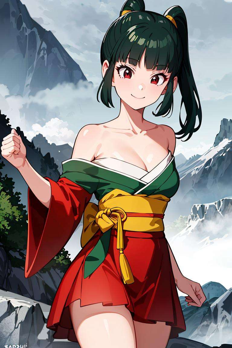 ((masterpiece,best quality)), absurdres,<lora:Yurin_DB:0.6>, Yurin_DB,  (green kimono, red skirt, sarashi, single bare shoulder), Detailed face, smiling, looking at viewer, mountain in background, cinematic composition, dynamic pose,