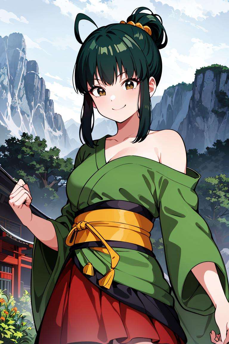 ((masterpiece,best quality)), absurdres,<lora:Yurin_DB:0.6>, Yurin_DB,  green kimono, red skirt, sarashi, single bare shoulder, Detailed face, smiling, looking at viewer, mountain in background, cinematic composition, dynamic pose,