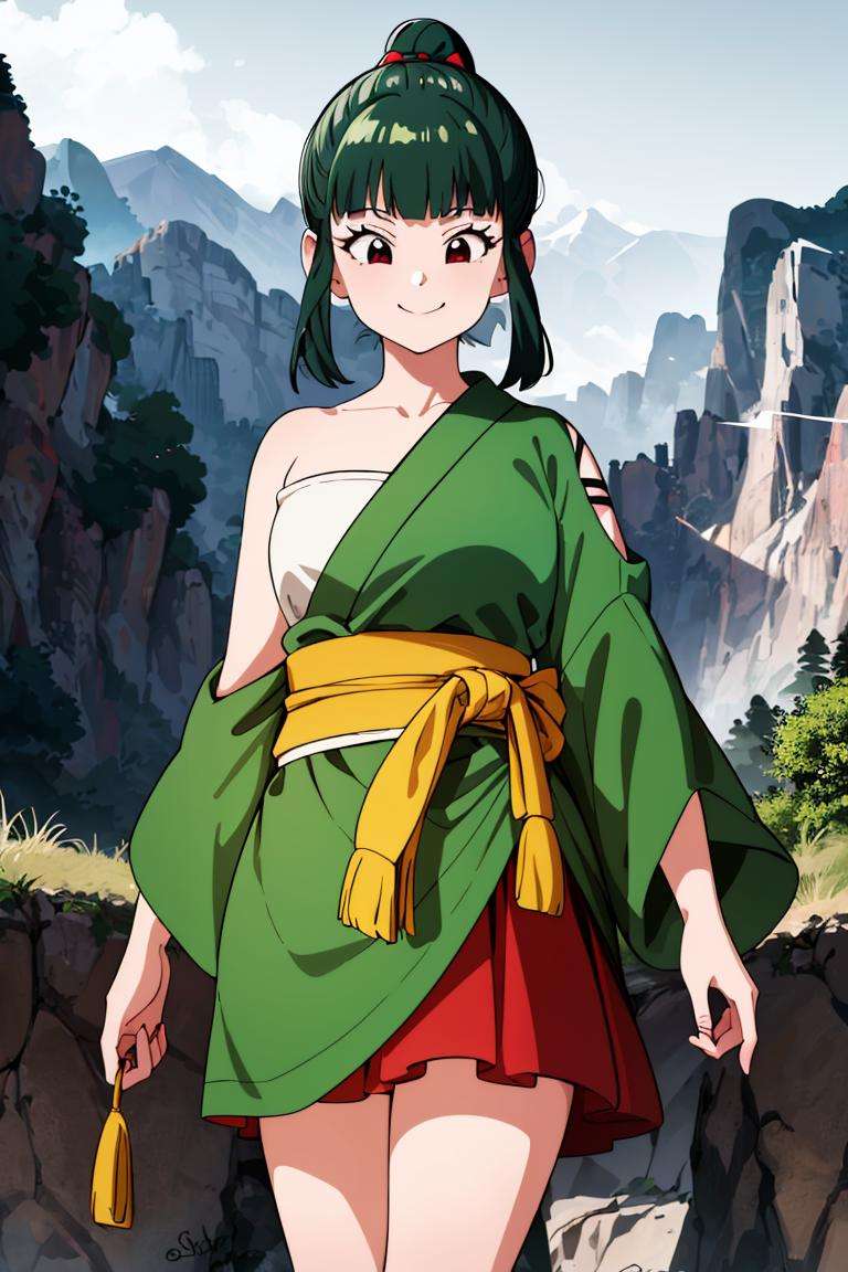 ((masterpiece,best quality)), absurdres,<lora:Yurin_DB:0.7>, Yurin_DB,  green kimono, red skirt, sarashi, single bare shoulder, Detailed face, smiling, cowboy shot, looking at viewer, mountain in background, cinematic composition, dynamic pose,