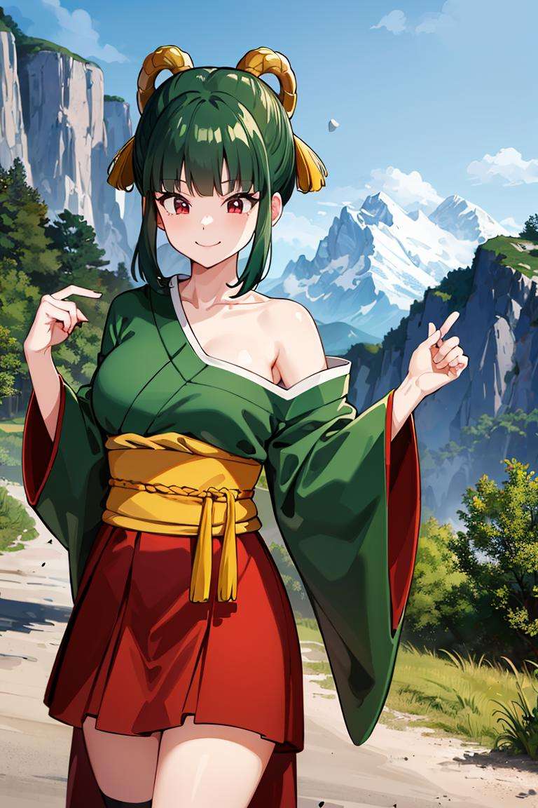 ((masterpiece,best quality)), absurdres,<lora:Yurin_DB:0.6>, Yurin_DB,  (green kimono, red skirt, sarashi, single bare shoulder), smiling, mountain in background, cinematic composition, dynamic pose,