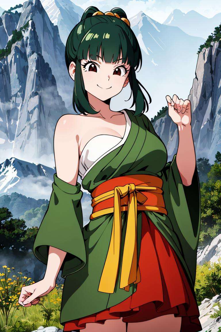 ((masterpiece,best quality)), absurdres,<lora:Yurin_DB:0.7>, Yurin_DB,  green kimono, red skirt, sarashi, single bare shoulder, Detailed face, smiling, cowboy shot, looking at viewer, mountain in background, cinematic composition, dynamic pose,