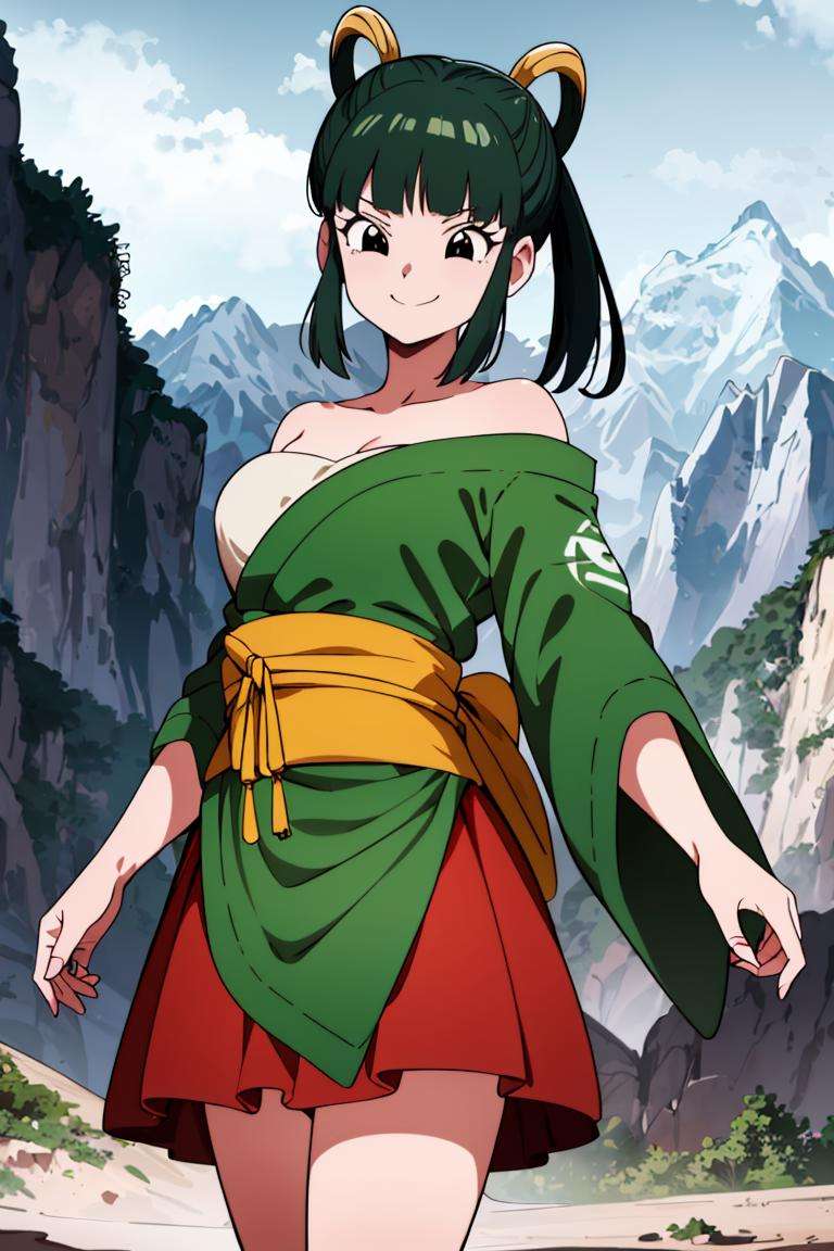 ((masterpiece,best quality)), absurdres,<lora:Yurin_DB:0.7>, Yurin_DB,  green kimono, red skirt, sarashi, single bare shoulder, Detailed face, smiling, cowboy shot, looking at viewer, mountain in background, cinematic composition, dynamic pose,