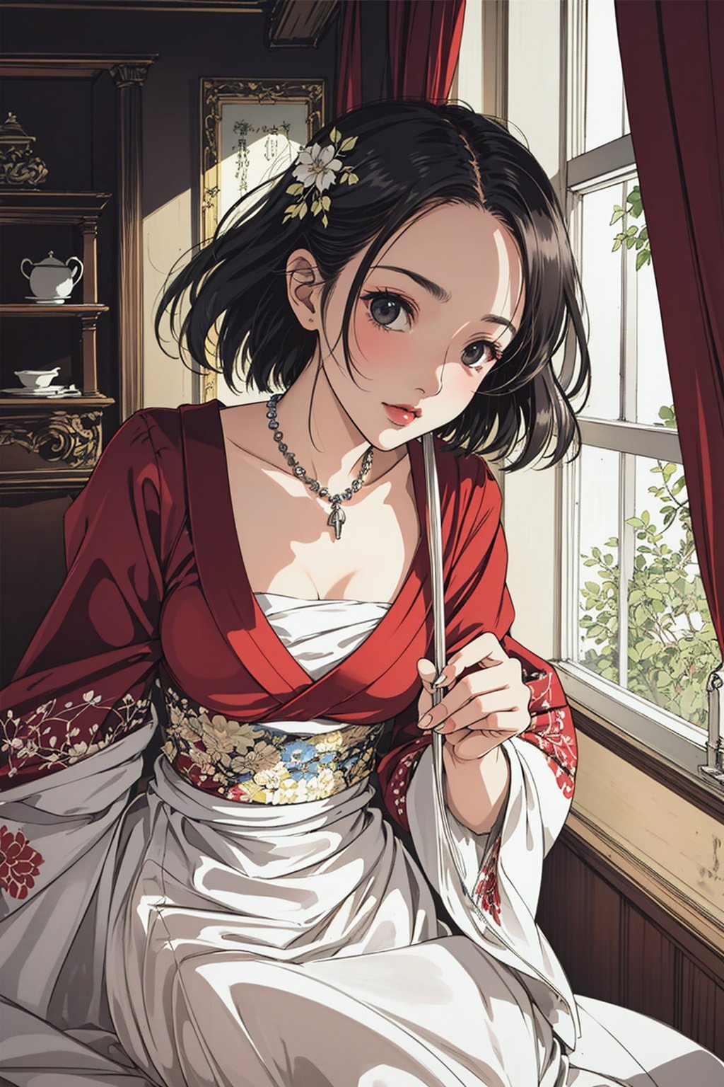 ,(((masterpiece,best quality))),((good structure,Good composition,good atomy)), ((clear, original,beautiful)),1girl,girl,red japanese clothes,indoors,japanese clothes