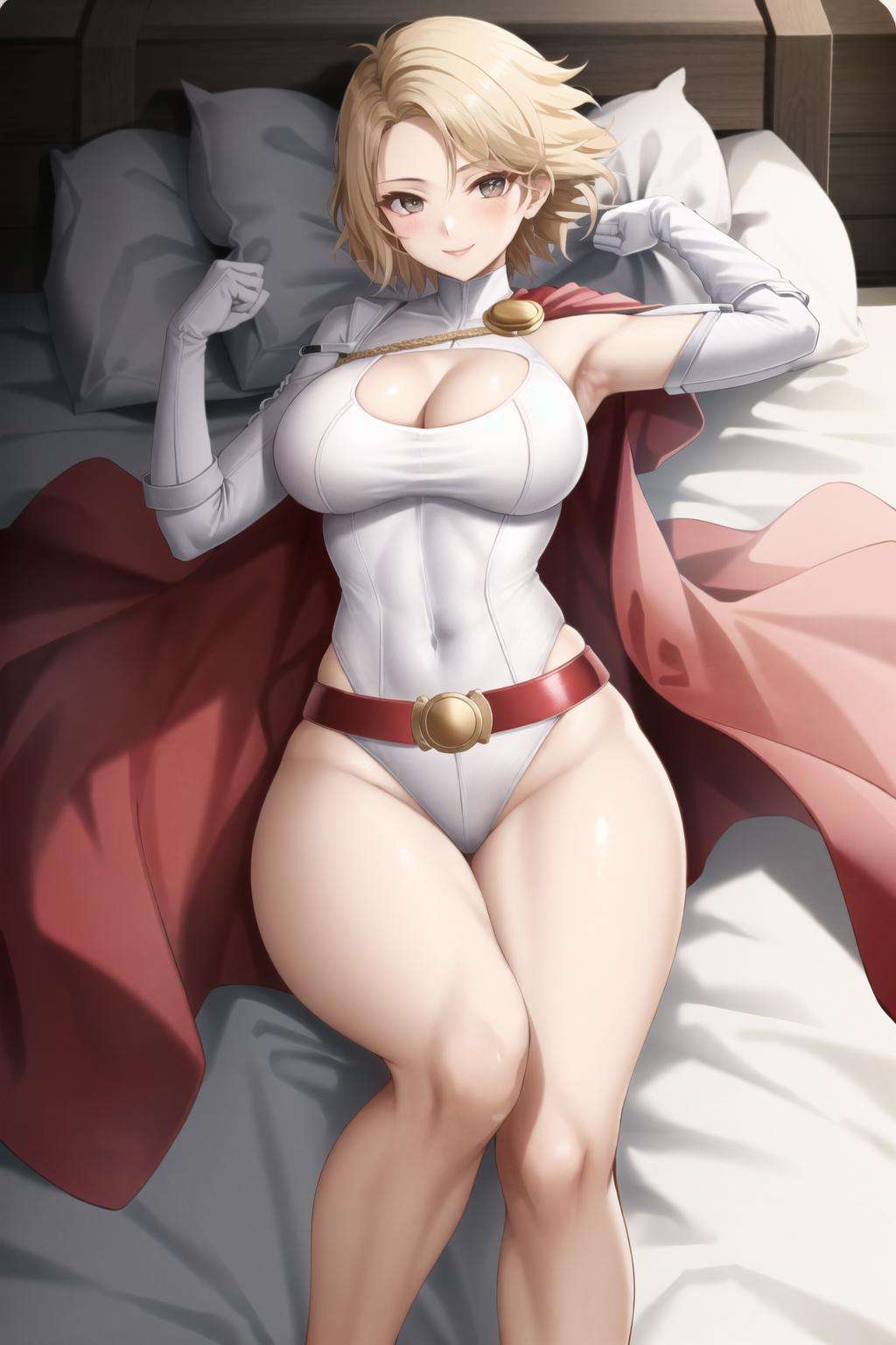 powergirl , boob window, white leotard, blonde hair , short hair, belt , cape,smile , on bed , on back, lying, bed , bedroom , looking at viewer, armpits, arm out of picture <lora:powergirl:0.7>
