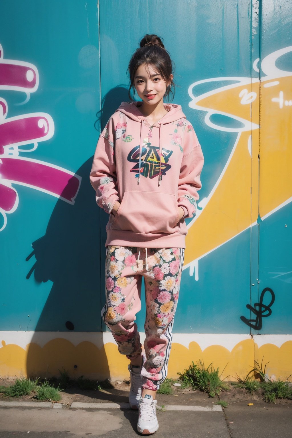 Best Quality,Masterpiece,Ultra High Resolution,(Realisticity:1.4),Original Photo,Cinematic Lighting,1Girl,smile,full body,sea of flowers,(Graffiti_printed_hoodie:1.4),(Track_pants:1.3),(Chunky_sneakers:1.2),seaside,