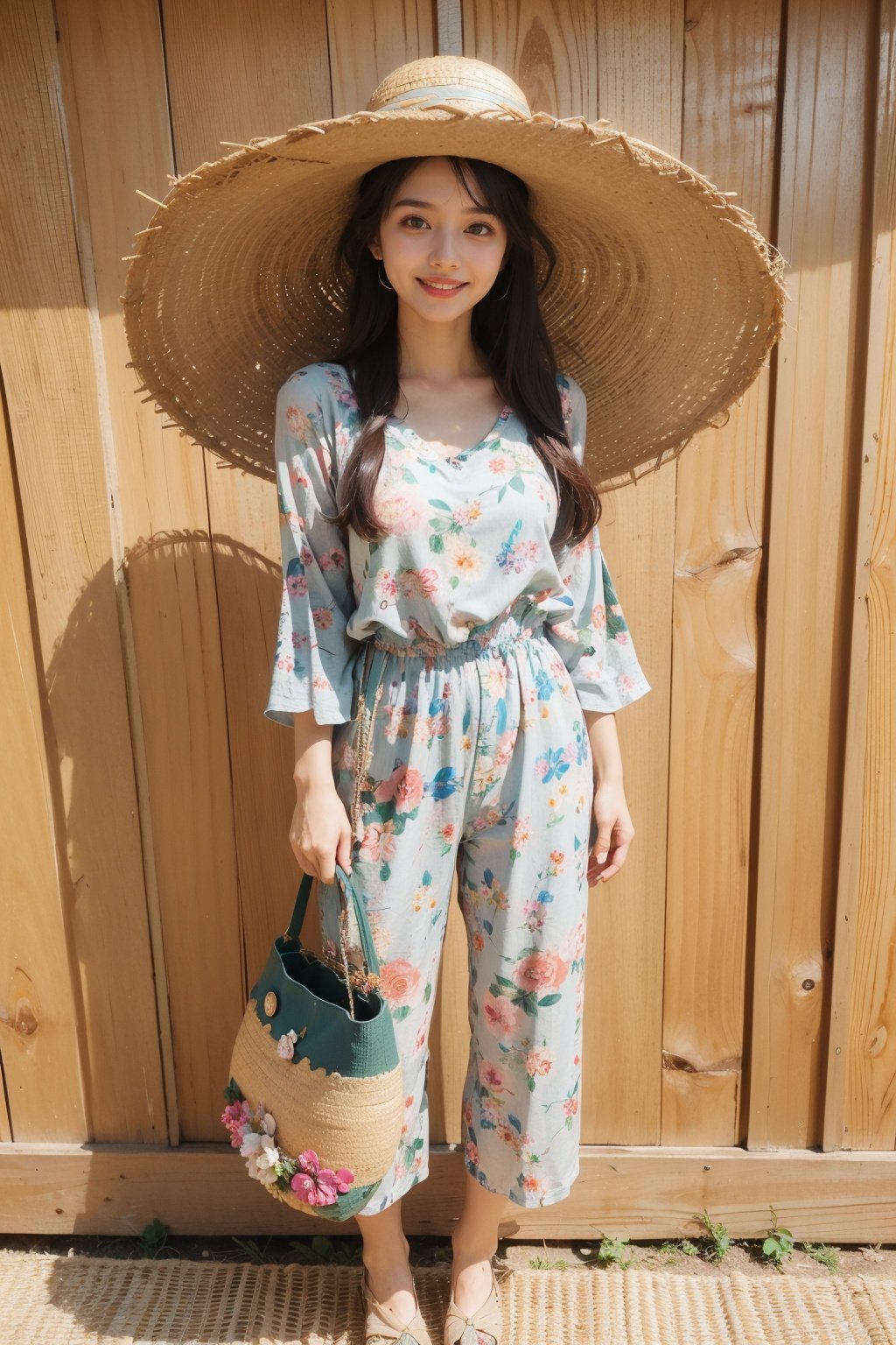 Best Quality,Masterpiece,Ultra High Resolution,(Realisticity:1.4),Original Photo,Cinematic Lighting,1Girl,smile,full body,sea of flowers,(Floral_printed_romper:1.5),(Straw_wide-brim_hat:1.4),(Rattan_crossbody_bag:1.3), ahirusuwari