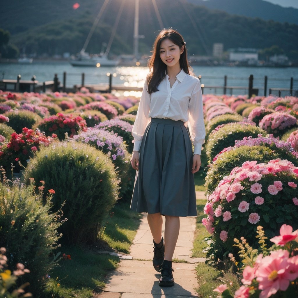 Best Quality,Masterpiece,Ultra High Resolution,(Realisticity:1.4),Original Photo,Cinematic Lighting,1Girl,smile,full body,sea of flowers,