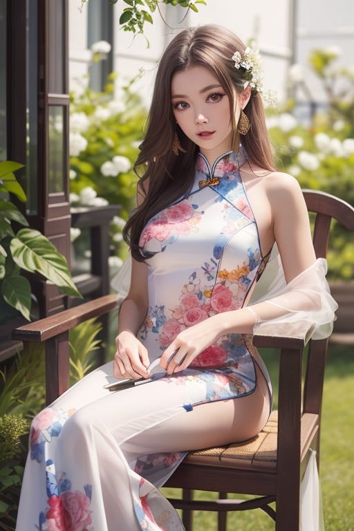 1girl,long hair,(((masterpiece,best quality))),((good structure,Good composition,good atomy)), ((clear, original,beautiful)),sitting on garden,flowers around body,chinese long dress,chair,see color,tyjf