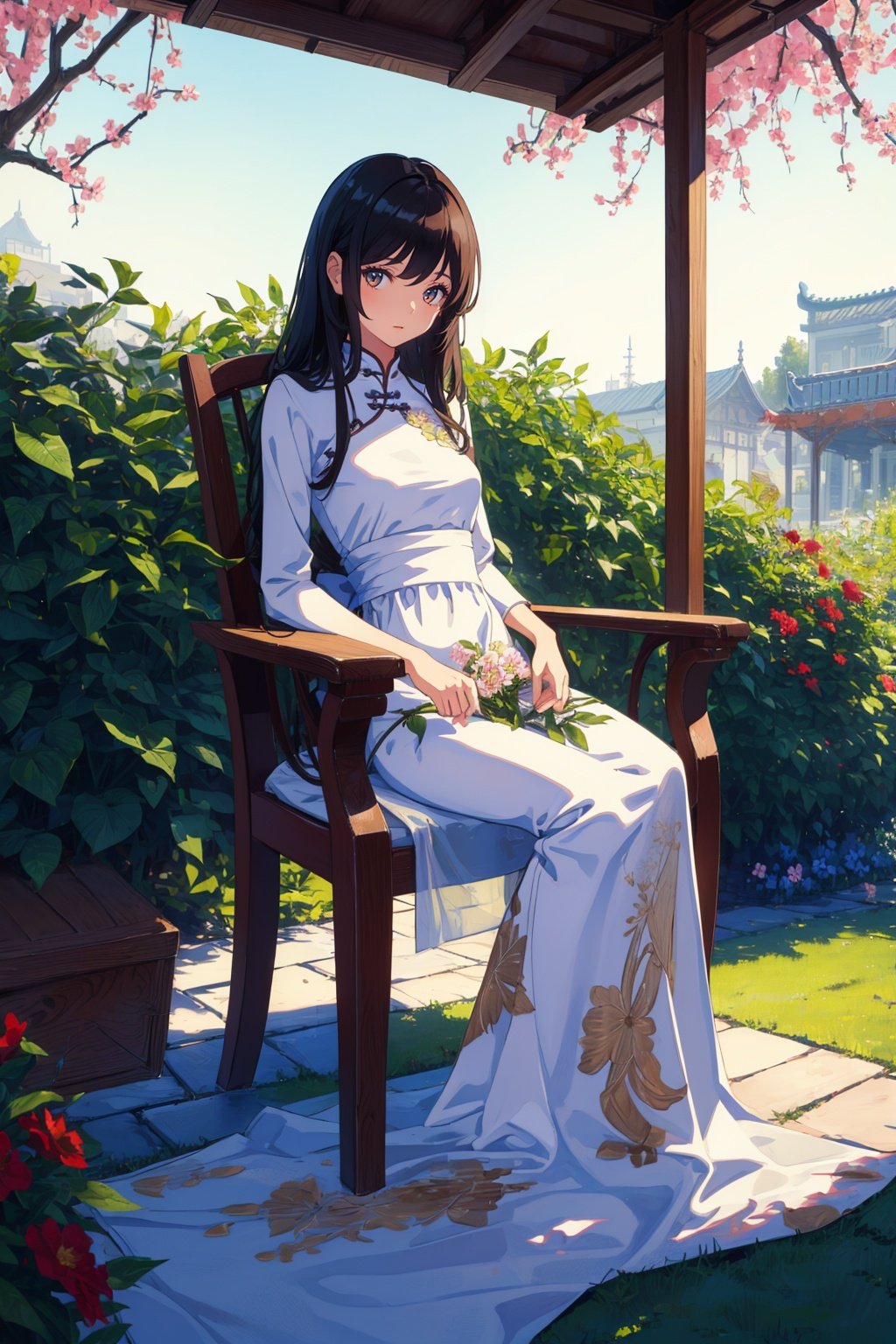 1girl,long hair,(((masterpiece,best quality))),((good structure,Good composition,good atomy)), ((clear, original,beautiful)),sitting on garden,flowers around body,chinese long dress,chair,see color