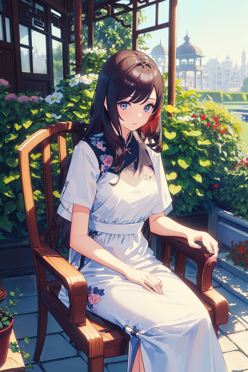 1girl,long hair,(((masterpiece,best quality))),((good structure,Good composition,good atomy)), ((clear, original,beautiful)),sitting on garden,flowers around body,chinese long dress,chair,see color,tyjf