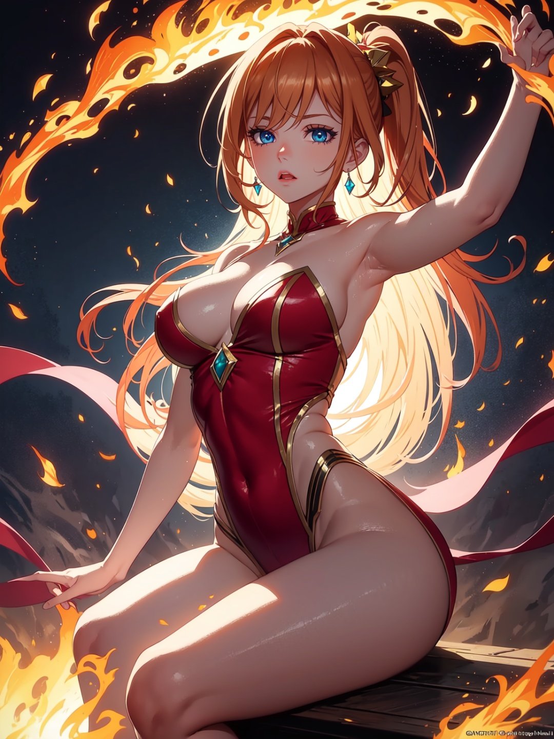 Step into a captivating scene featuring an anime girl seated on a floating platform, as vibrant fire particles ignite the air around her, creating a dazzling and dynamic atmosphere. The creative lighting style bathes her in a radiant, fiery glow, harmonizing with the swirling fire particles. Crafted with exquisite detail and rendered in breathtaking 10k high resolution, this masterpiece blends the art mediums of digital illustration, fire effects, particle simulation, and post-processing techniques. Drawing inspiration from the styles of Anime, Mystical Realism, and Contemporary Surrealism, it captures the fiery and ethereal beauty of an anime girl amidst the dancing flames, where fire particles elevate the sense of magic and wonder. ,Delia_Ketchum