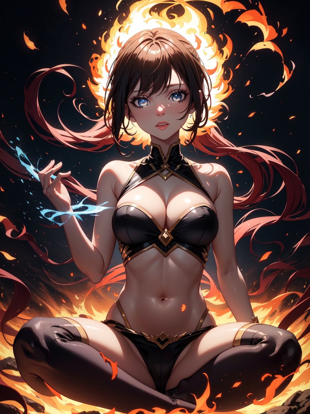 Step into a captivating scene featuring an anime girl seated on a floating platform, as vibrant fire particles ignite the air around her, creating a dazzling and dynamic atmosphere. The creative lighting style bathes her in a radiant, fiery glow, harmonizing with the swirling fire particles. Crafted with exquisite detail and rendered in breathtaking 10k high resolution, this masterpiece blends the art mediums of digital illustration, fire effects, particle simulation, and post-processing techniques. Drawing inspiration from the styles of Anime, Mystical Realism, and Contemporary Surrealism, it captures the fiery and ethereal beauty of an anime girl amidst the dancing flames, where fire particles elevate the sense of magic and wonder. ,Delia_Ketchum