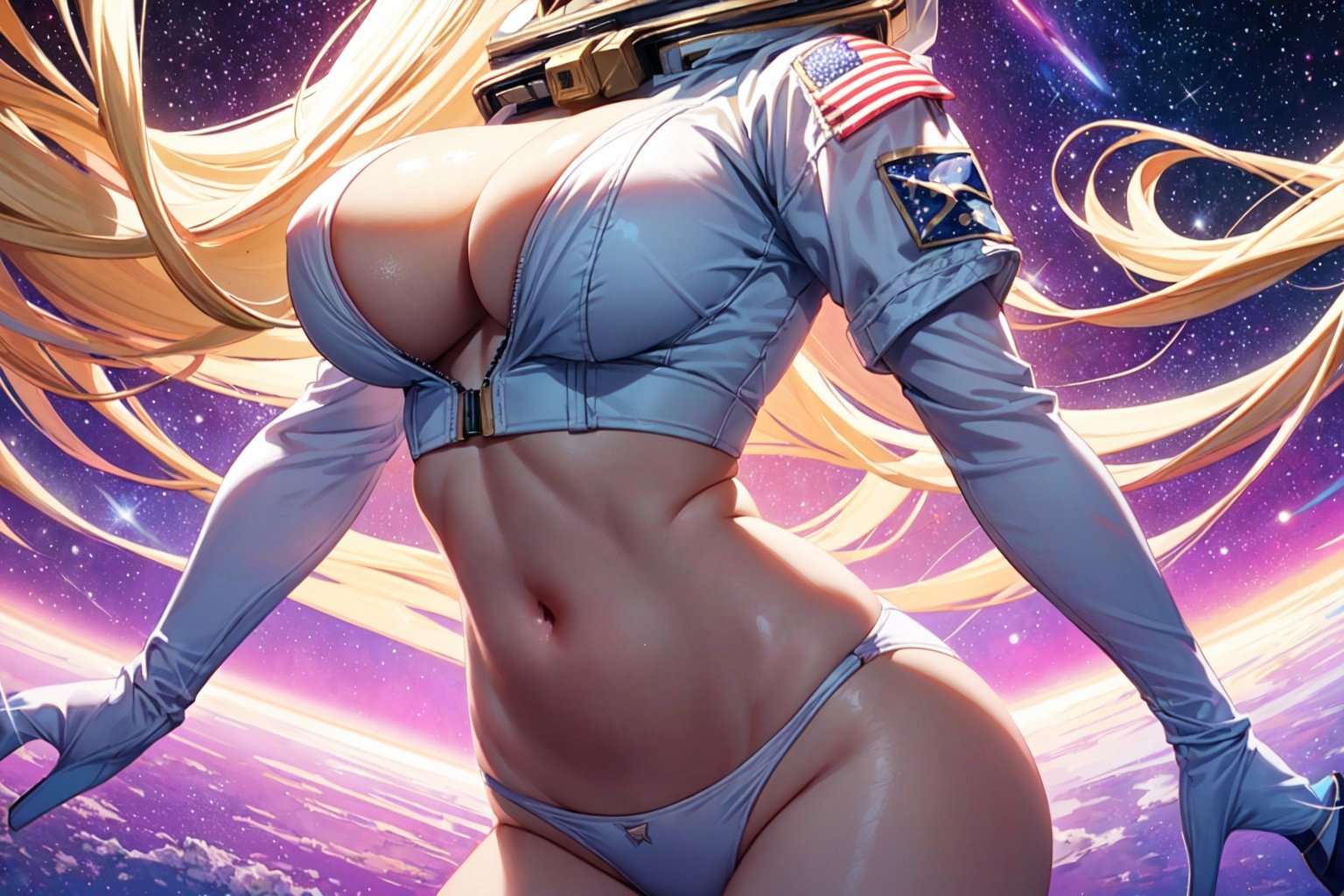 ((girl astronaut)) wearing lingerie, ((34DD)),((nsfw)),((saggy natural big breasts)),((pronounced sexy cleavage)),((sexy natural huge breasts)),((her sexy bust overfills her lingerie see through top)),((very young girl)),((18))((looking back at viewer over shoulder)),(light on face), navel, transparent mini lingerie with stockings, busty petite astronaut, sexy astronaut,((astronaut)), skinny waist, wide pelvis, athletic body,skinny body,nice hands, pretty eyes,pretty face,full lips,(closed mouth)),long hair,
((32k))((uhd))
(masterpiece, top quality, best quality, official art, beautiful and aesthetic:1.2),
extreme detailed,
((fractal art:1.3)),
((colorful)),
((heavenly))

((bright pink and blue hues fractals background, in space, magical)),3DMM,
(((breasts closeup))),((US flag patch on shoulder)),(((blonde)))