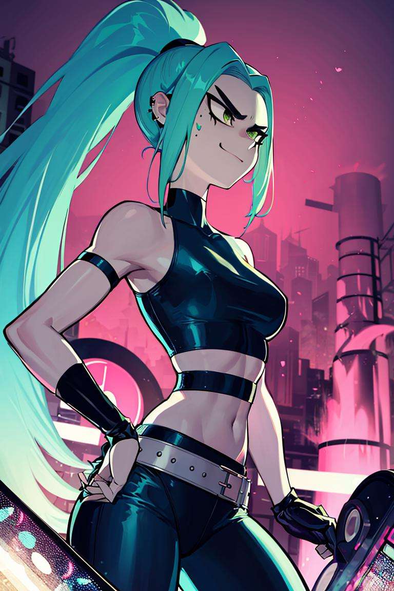 ((masterpiece,best quality)), absurdres,  <lora:Ember_McLain_Danny_Phantom:0.8>, Ember_McLain_Danny_Phantom, pony tail, aqua hair,smug, goth, big belt, blue fire and music notes in background, cinematic composition, dynamic pose,