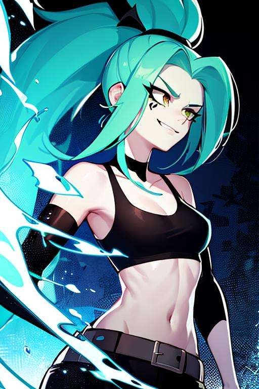 ((masterpiece,best quality)), absurdres,<lora:Ember_McLain_Danny_Phantom:0.6>, Ember_McLain_Danny_Phantom, pony tail, aqua hair,smug, goth, big belt,blue fire and music notes in background, cinematic composition, dynamic pose,