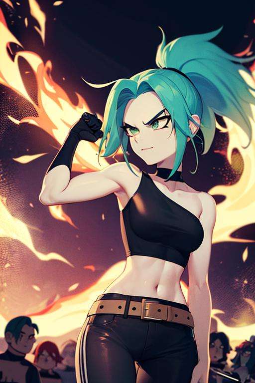 ((masterpiece,best quality)), absurdres,<lora:Ember_McLain_Danny_Phantom:0.6>, Ember_McLain_Danny_Phantom, pony tail, aqua hair, smug, goth, big belt, blue fire and music notes in background, cinematic composition, dynamic pose,