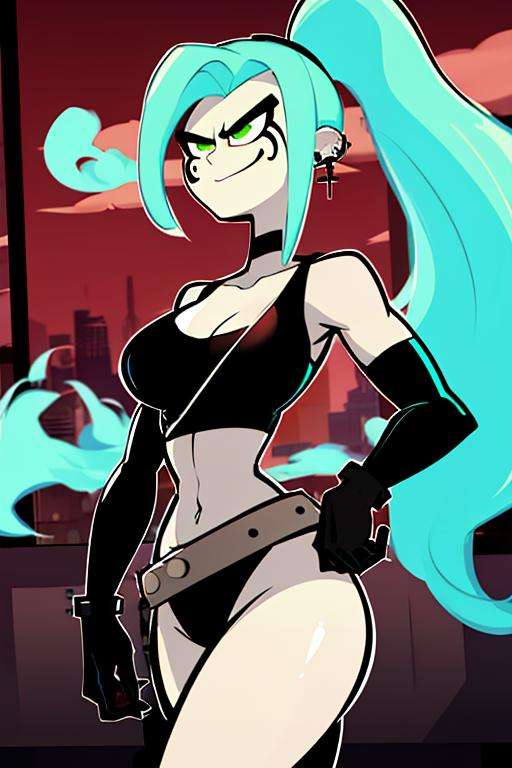 ((masterpiece,best quality)), absurdres,<lora:Ember_McLain_Danny_Phantom:1>, Ember_McLain_Danny_Phantom, pony tail, aqua hair, smug, goth, big belt, blue fire and music notes in background, cinematic composition, dynamic pose,