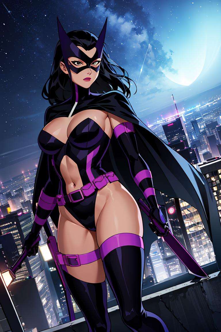 ((masterpiece,best quality)), absurdres,<lora:Huntress_JLU:0.6>, Huntress_JLU, cape, leotard, night sky and city lights in background, cinematic composition, dynamic pose, 