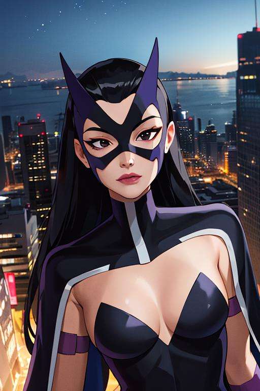 ((masterpiece,best quality)), absurdres,<lora:Huntress_JLU:0.6>, Huntress_JLU, upper body, detailed mask, night sky and city lights in background, cinematic composition,