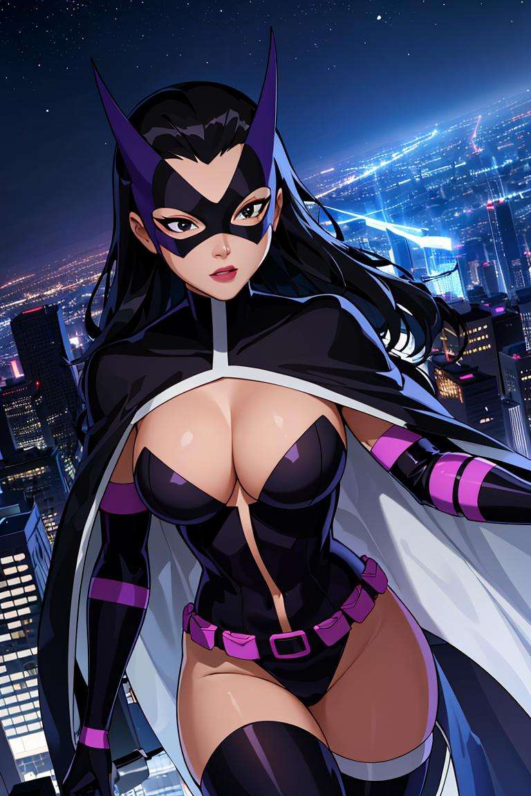 ((masterpiece,best quality)), absurdres,<lora:Huntress_JLU:0.6>, Huntress_JLU, cape, leotard, night sky and city lights in background, cinematic composition, dynamic pose, 